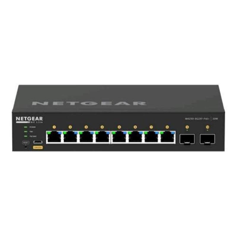 Switch gestito L3 8 x 10/100/1000 (8 PoE+) + 2 x 10 Gigabit SFP+, PoE+ 220 W, rack - NETGEAR AV Line M4250-8G2XF-PoE+