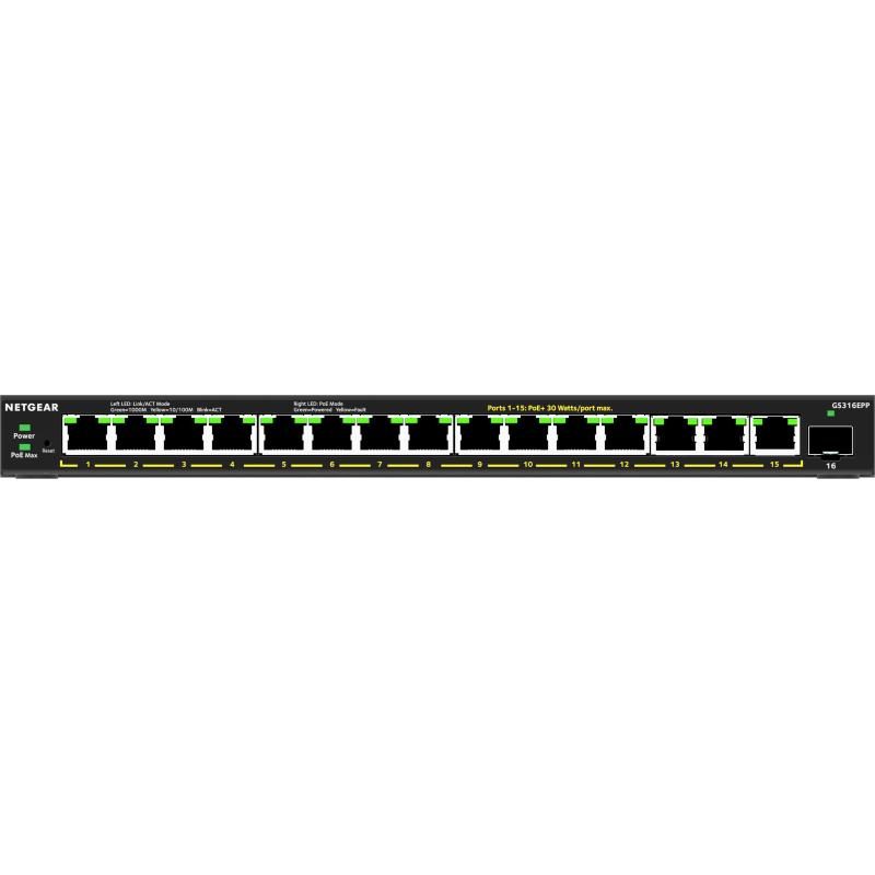 Switch Ethernet Plus 16 porte PoE+ Gigabit ad alta potenza (231 W) con 1 porta SFP gestito - NETGEAR GS316EPP