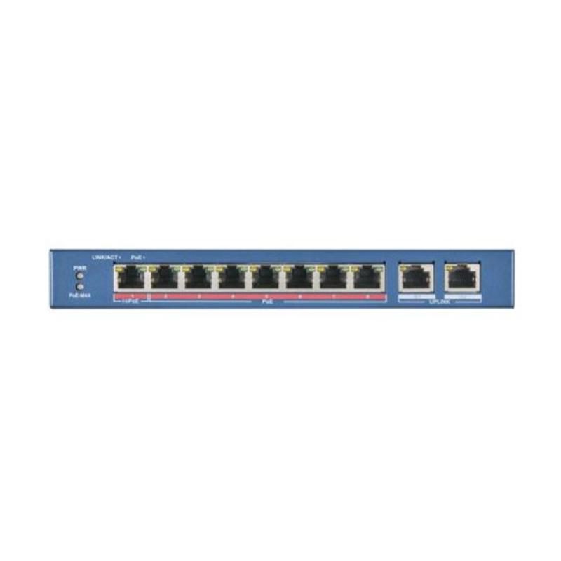 Switch 8 porte LAN 10/100M RJ45 PoE + 2 porte Gigabit RJ45 unmanaged 802.3af/at/bt metallico - Hikvision DS-3E0310HP-E