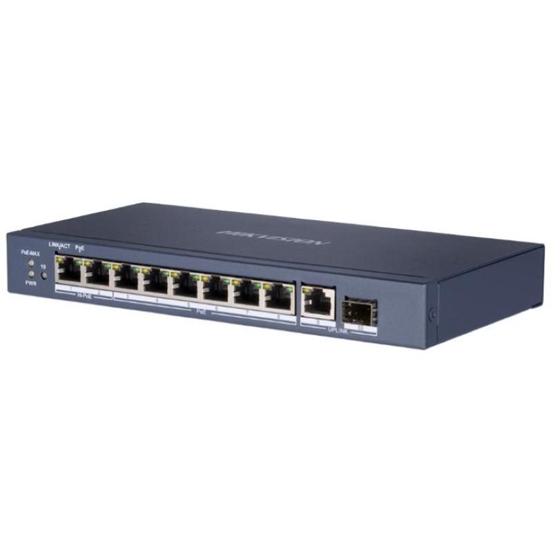 Switch 8 porte LAN Gigabit, 8 porte PoE + 1 porta RJ45 + 1 SFP uplink, desktop, 802.3af/at/bt - Hikvision DS-3E0510HP-E