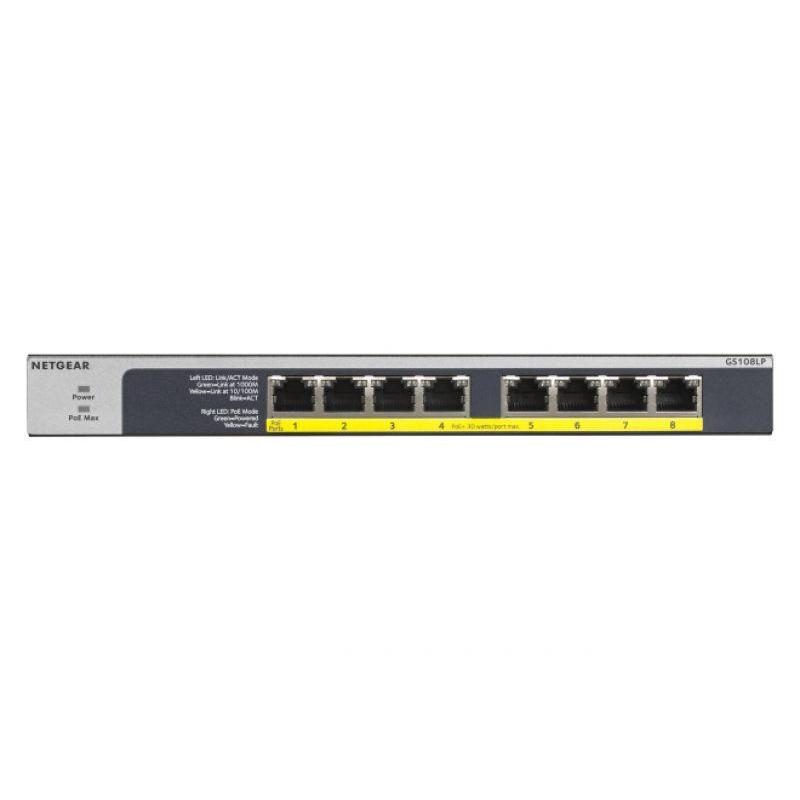Switch 8 porte non gestito Gigabit Ethernet (10/100/1000) 1U con PoE nero, grigio - Netgear GS108LP