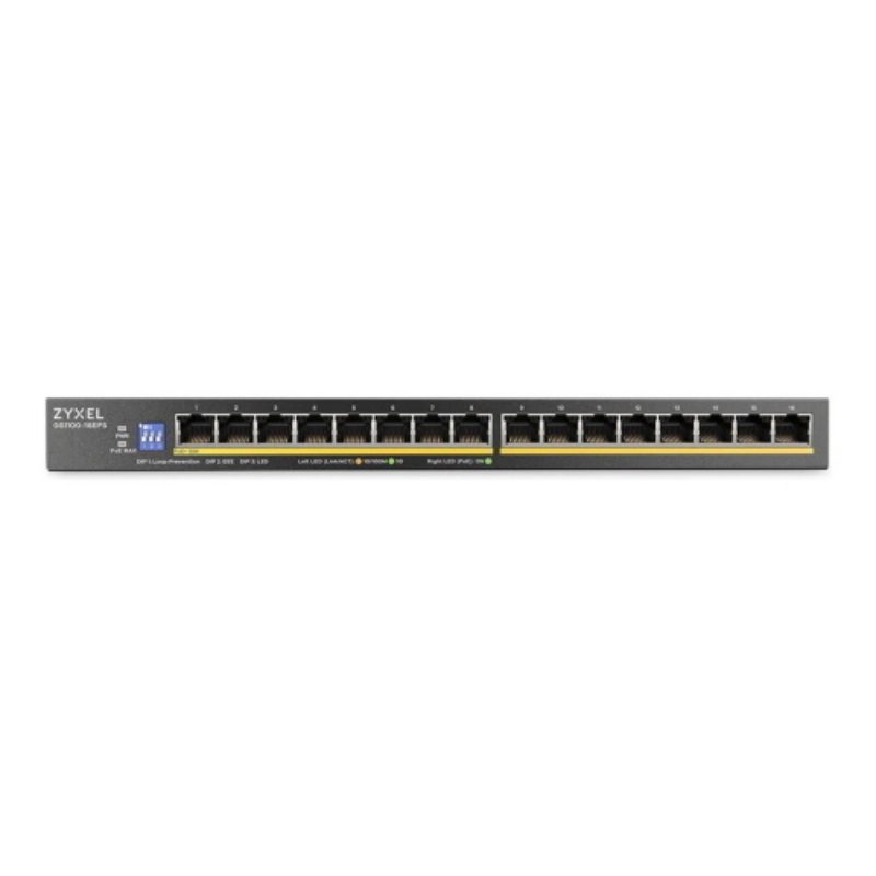 Switch 16 porte LAN Gigabit PoE+ unmanaged con DIP switch, design senza ventole, slim desktop - Zyxel GS1100-16EPS-EU0101F