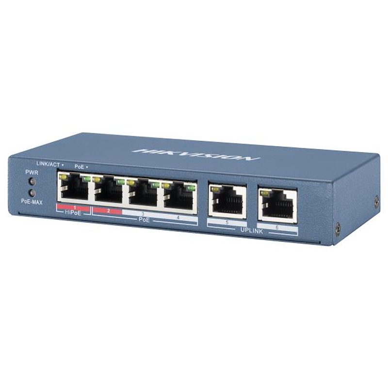 Switch unmanaged 4 porte PoE 10/100, 2 porte uplink, 1 porta Hi-PoE 60 W - Hikvision DS-3E0106HP-E