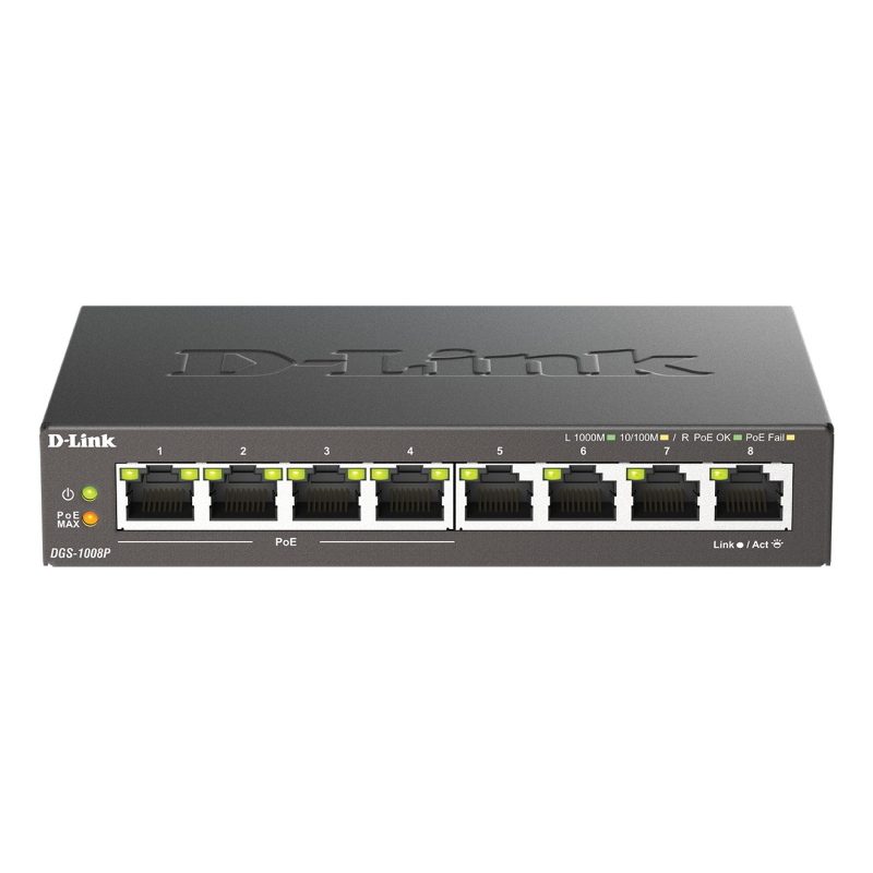 Switch di rete non gestito L2 Gigabit Ethernet 10/100/1000 con supporto PoE, desktop, nero - D-Link DGS-1008P/E
