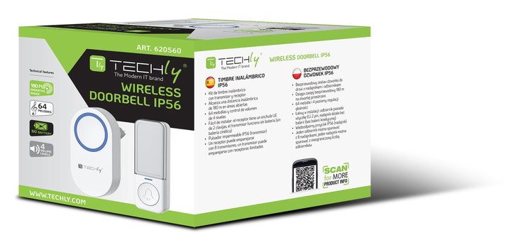 Wireless Doorbell Kit up to 180m with IP56 Battery Free Button - Techly I-BELL-RING05