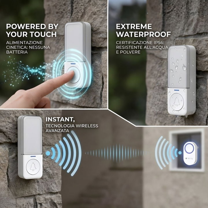 Wireless Doorbell Kit up to 180m with IP56 Battery Free Button - Techly I-BELL-RING05