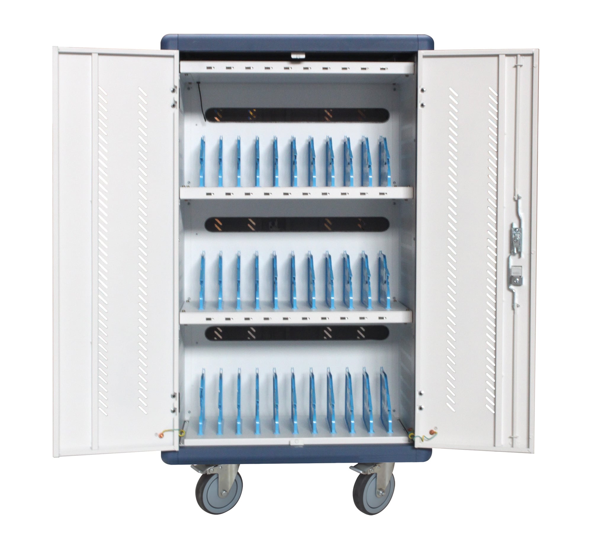 Carrello Stazione di Ricarica USB Ventilato per 30 Notebook/Tablet/Smartphone Bianco/Blu - Techly Professional I-CABINET-30DUTY