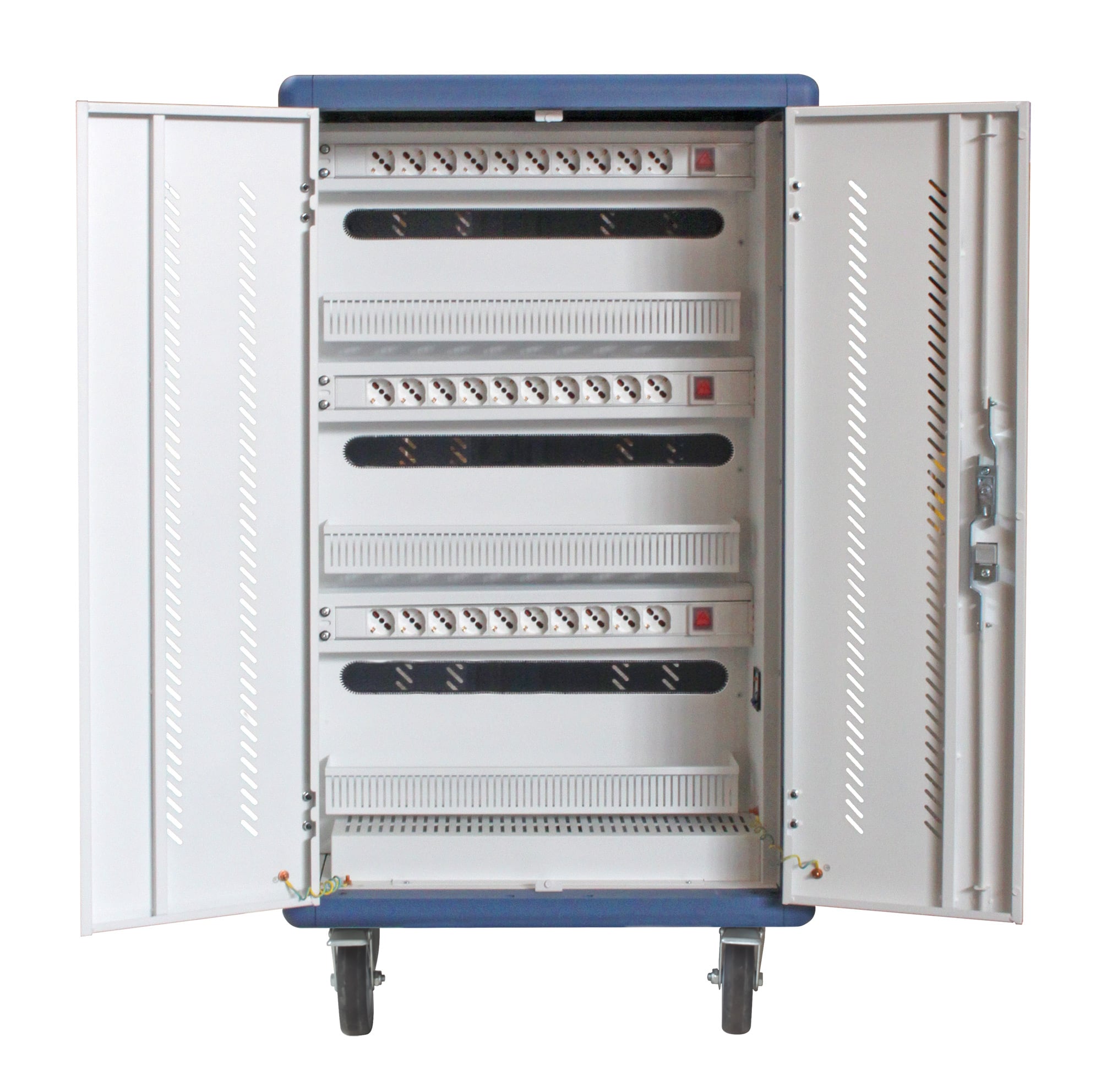 Carrello Stazione di Ricarica USB Ventilato per 30 Notebook/Tablet/Smartphone Bianco/Blu - Techly Professional I-CABINET-30DUTY