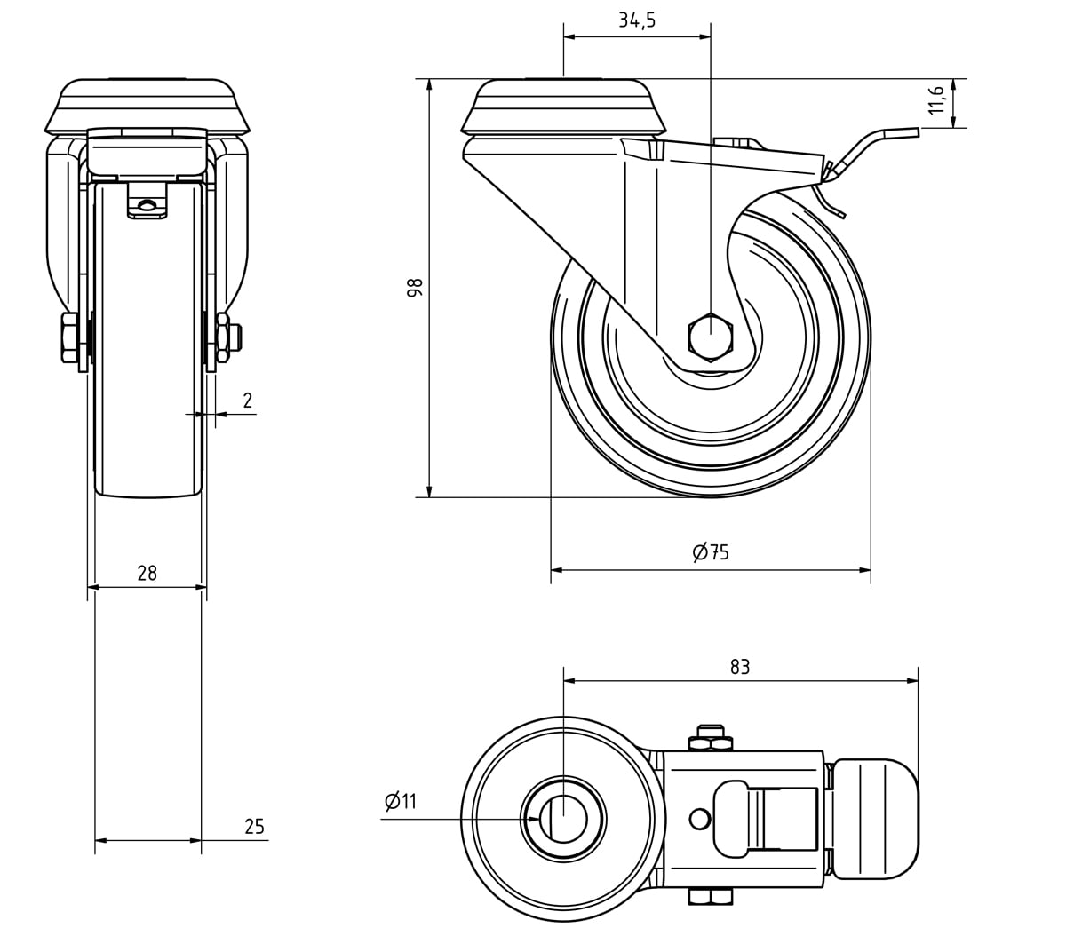 Kit 4 Ruote per Armadi Dotati di Foro per Perno M10 - Intellinet I-CASE CASTOR/T