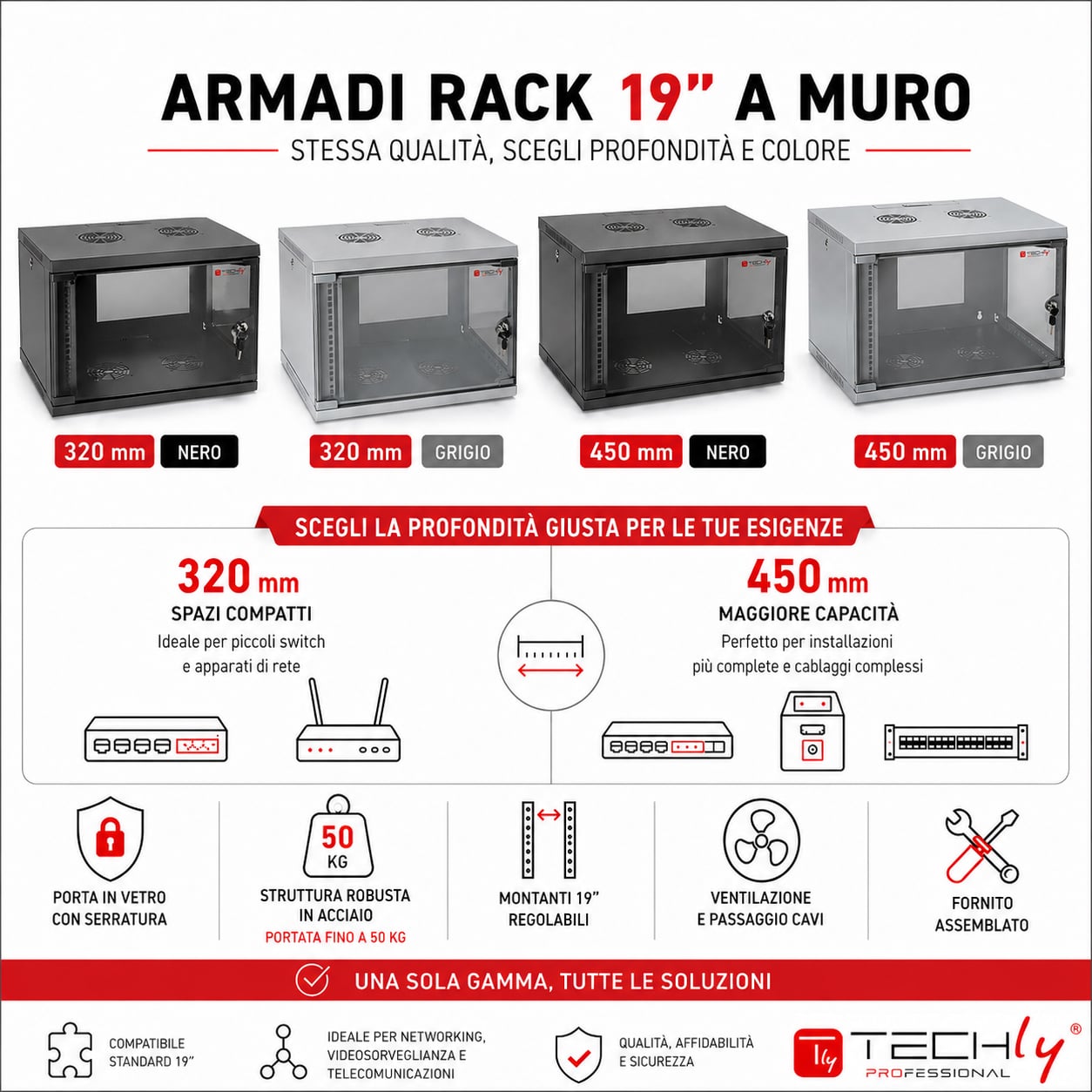 Armadio Rack 19'' a Muro 6U prof. 450 Nero Assemblato - Techly Professional I-CASE EL-1006B45