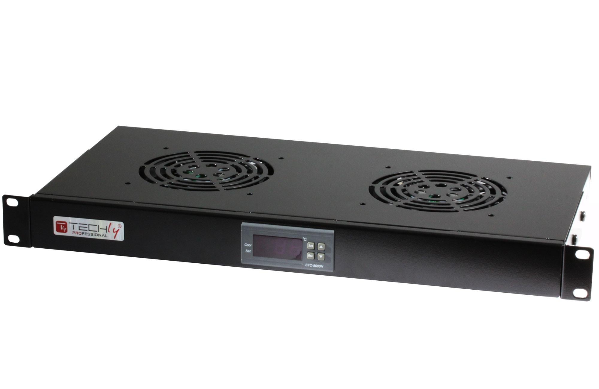 Gruppo 2 Ventole 1U per Rack 19'' con Termostato LED Nero - Techly Professional I-CASE FAN-TC2B
