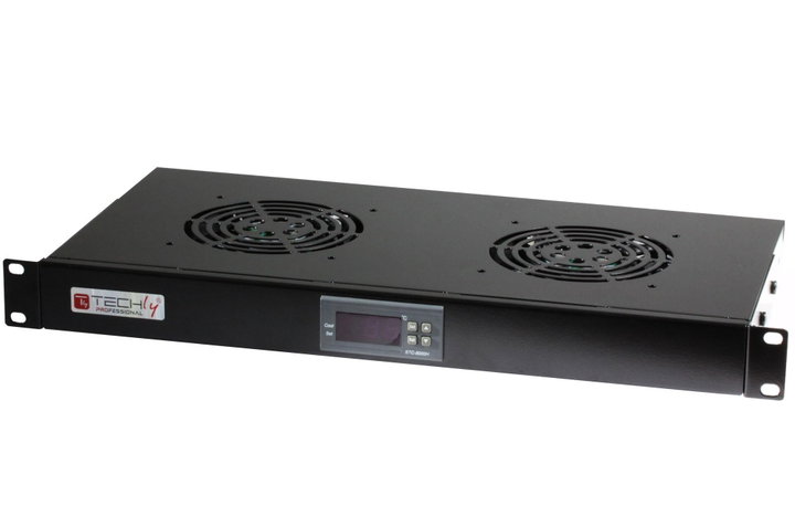 2 Fan Unit 1U for 19" Rack with LED Thermostat Black - Techly Professional I-CASE FAN-TC2B