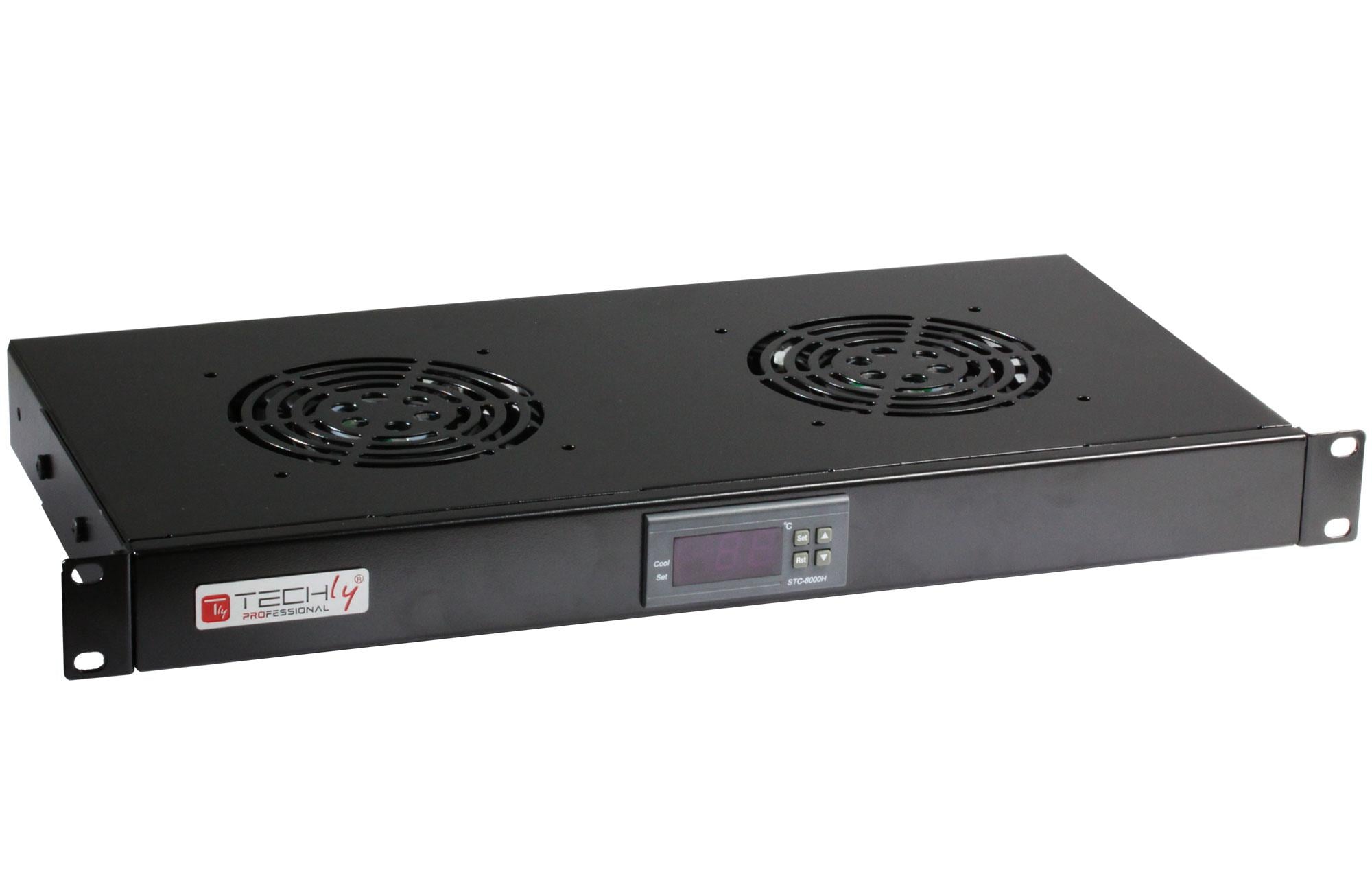 2-Fan 1U for 19" Rack with LED Thermostat Black - Techly Professional I-CASE FAN-TC2B