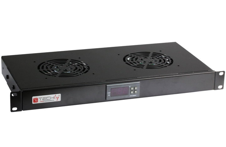 2 Fan Unit 1U for 19" Rack with LED Thermostat Black - Techly Professional I-CASE FAN-TC2B