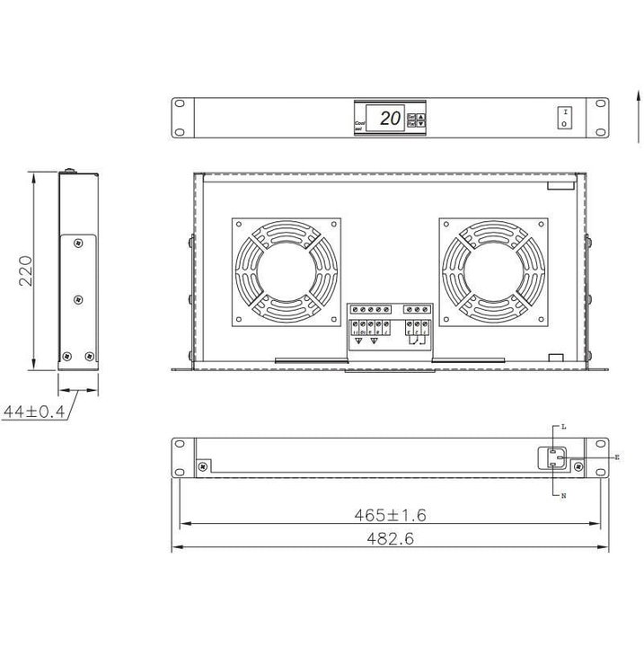 2 Fan Unit 1U for 19" Rack with LED Thermostat Black - Techly Professional I-CASE FAN-TC2B