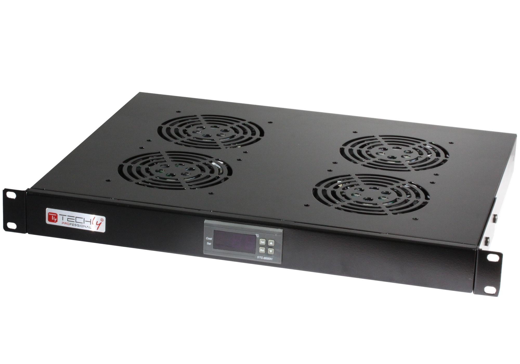 4 Fan Unit 1U for 19" Rack with LED Thermostat Black - Techly Professional I-CASE FAN-TC4B