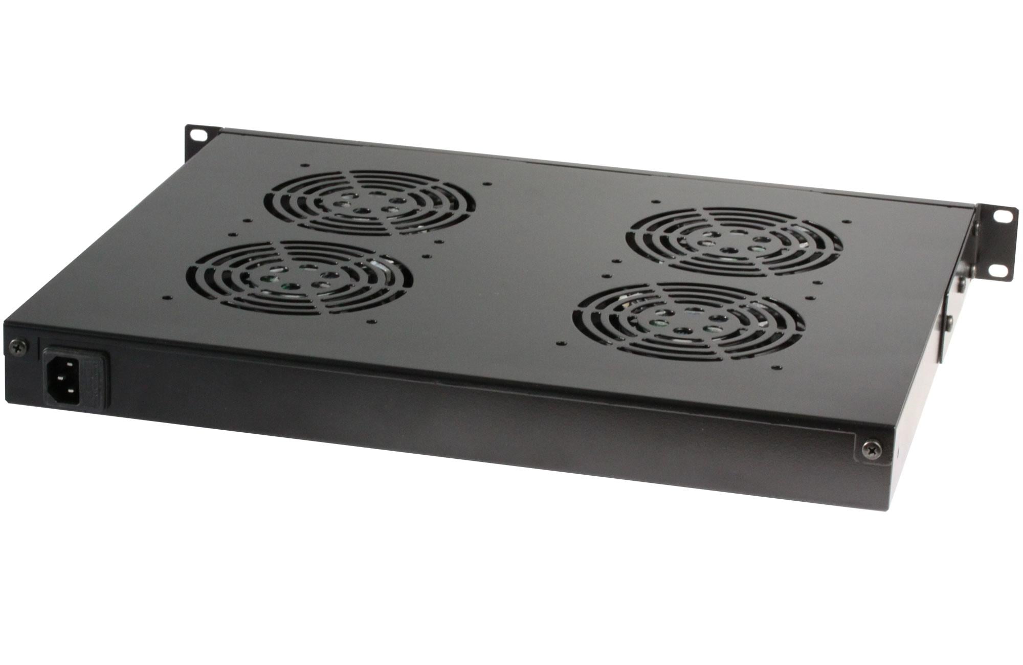 4 Fan Unit 1U for 19" Rack with LED Thermostat Black - Techly Professional I-CASE FAN-TC4B