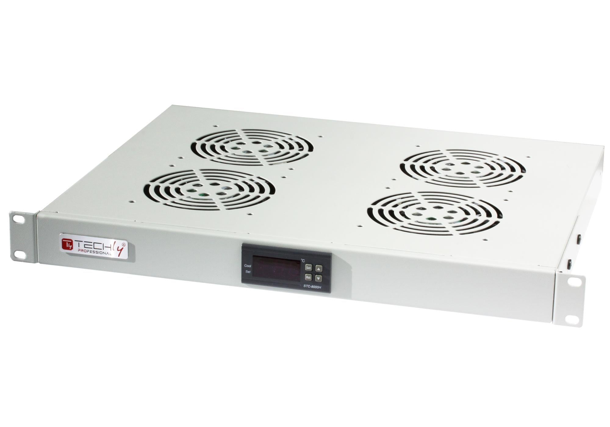 4-Fan 1U for 19" Rack with LED Thermostat Gray - Techly Professional I-CASE FAN-TC4G