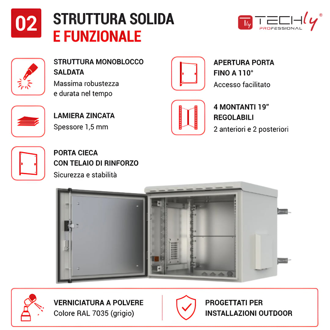 Armadio Rack 19'' Fissaggio a Palo 12U IP66 Porta Cieca Prof. 400 mm Grigio - Techly Professional I-CASE IP66-1240P