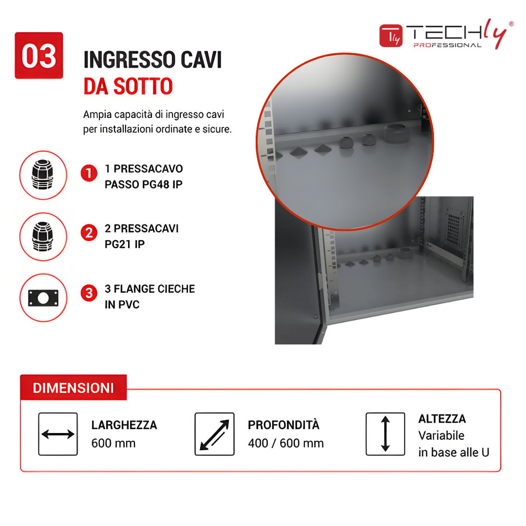 Armadio Rack 19'' Fissaggio a Palo 12U IP66 Porta Cieca Prof. 400 mm Grigio - Techly Professional I-CASE IP66-1240P