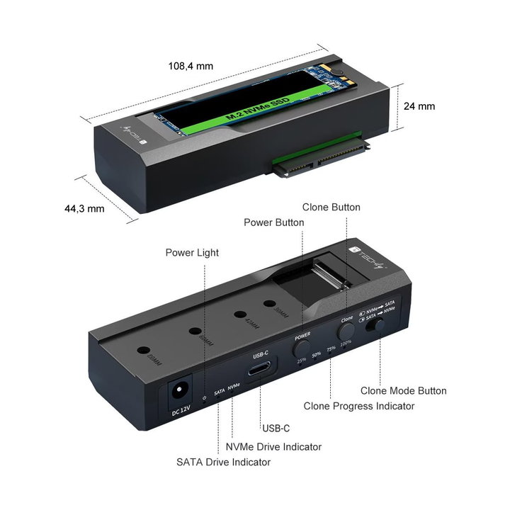Adattatore/Duplicatore per HDD/SSD SATA 2.5/3.5 e SSD NVMe M.2 - Techly I-CASE NVME-SATA