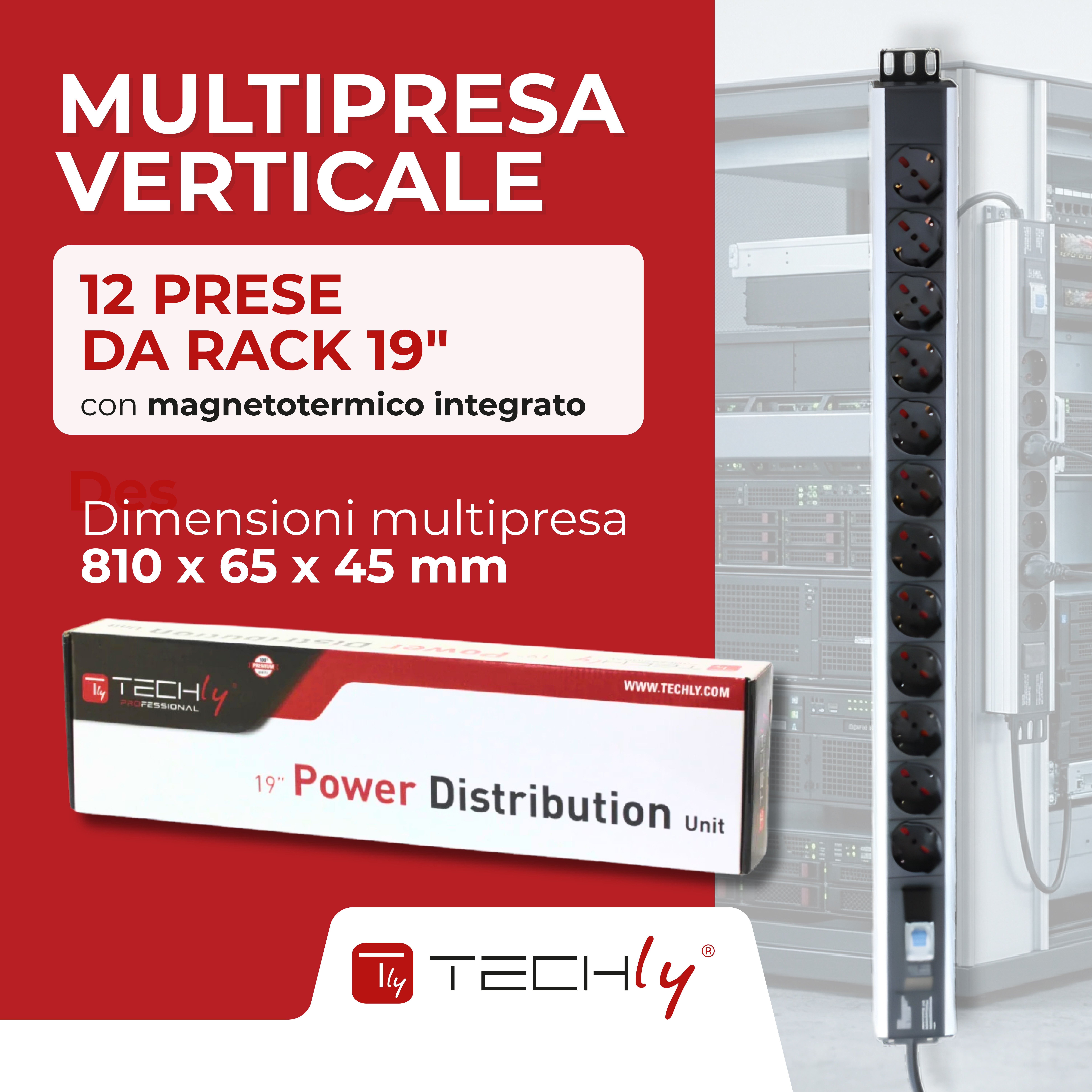 Multipresa Verticale 12 Posti da Rack 19'' con Magnetotermico Spina Italiana - Techly Professional I-CASE STRIP-12A