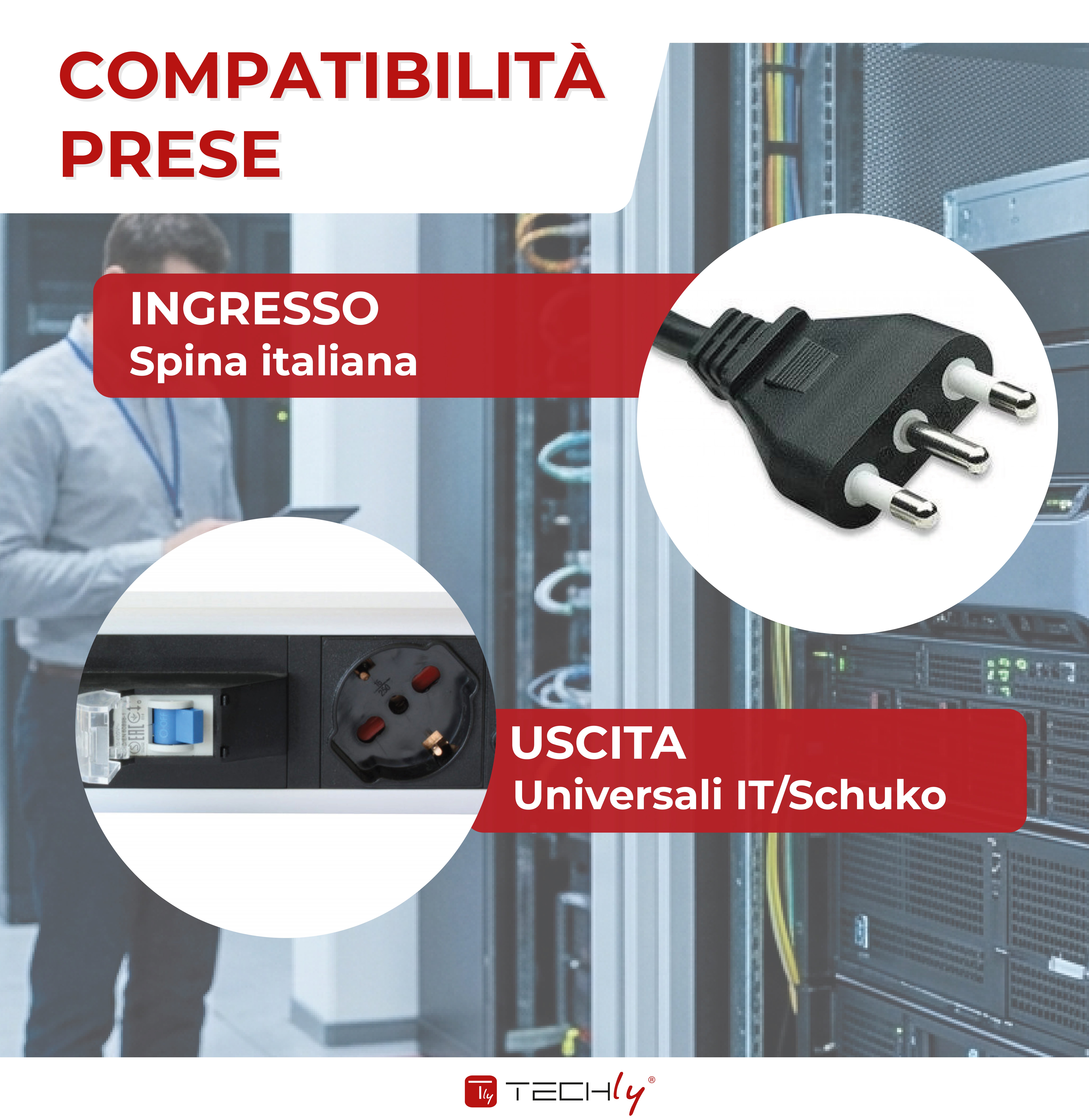 Multipresa Verticale 12 Posti da Rack 19'' con Magnetotermico Spina Italiana - Techly Professional I-CASE STRIP-12A