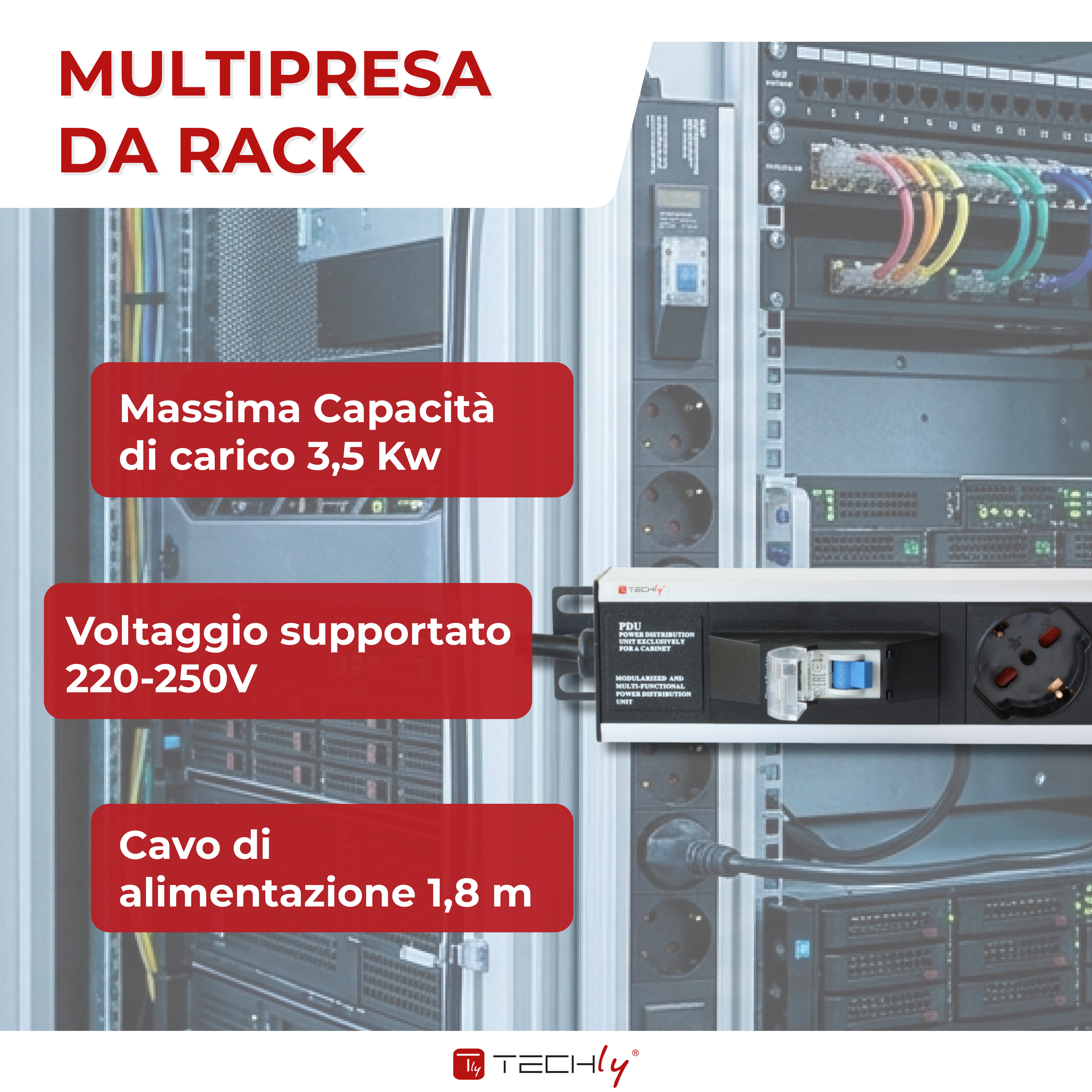Multipresa Verticale 12 Posti da Rack 19'' con Magnetotermico Spina Italiana - Techly Professional I-CASE STRIP-12A