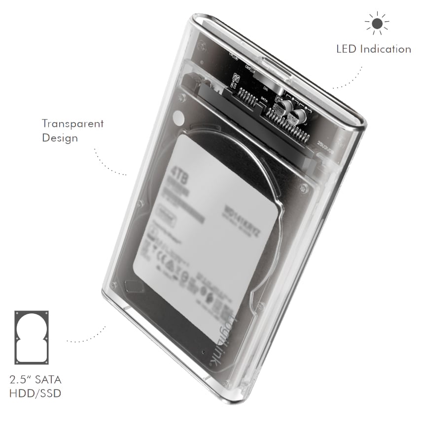 Box HDD/SSD Esterno per Disco Rigido 2.5'' USB 3.0 Trasparente con LED - Logilink I-CASE USB3-SL25TRS
