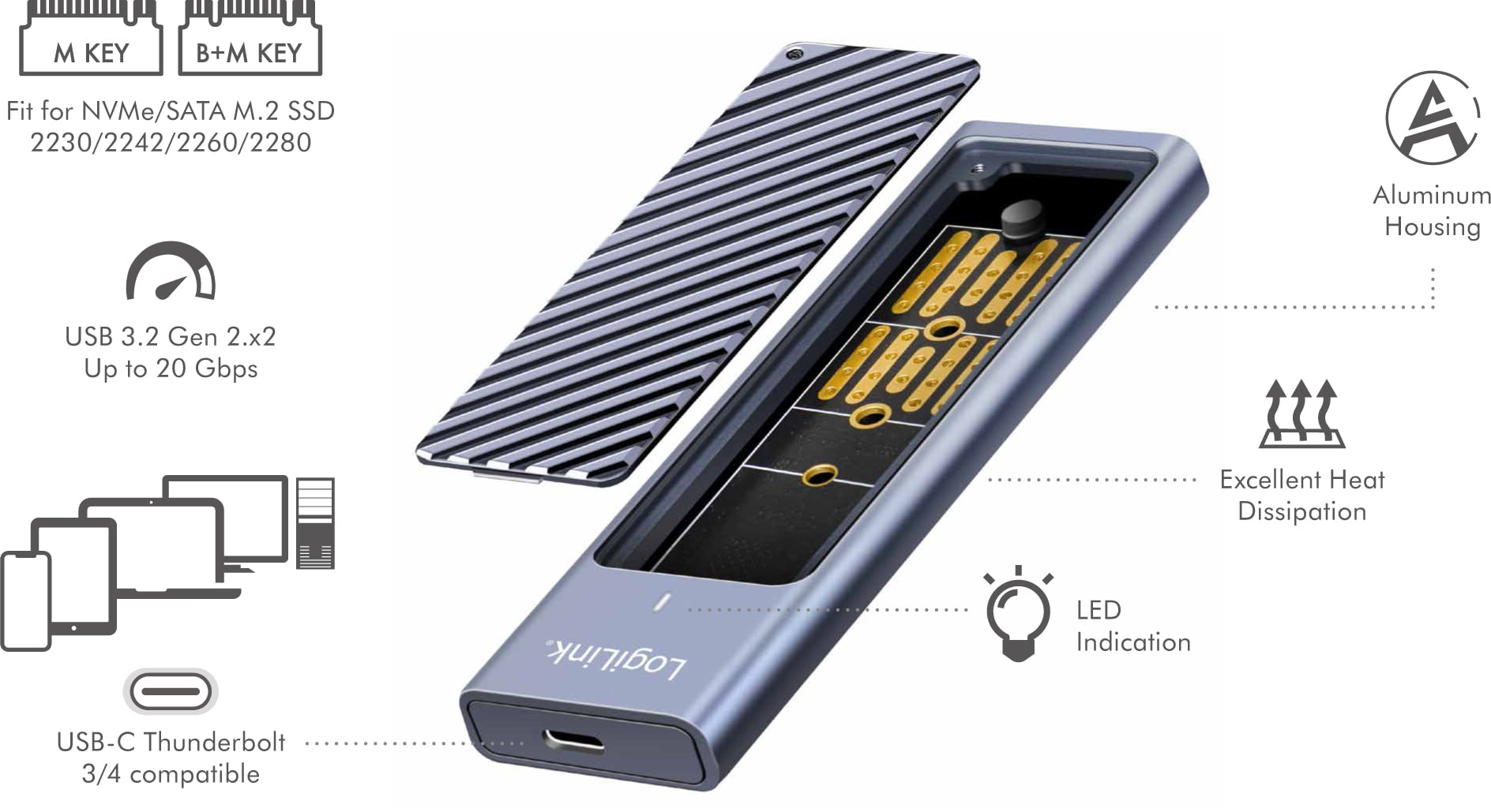 Box Esterno USB-C™ 3.2 Gen 2 per SSD M.2 NVMe e SATA - Logilink I-CASE USB32C-NVME20