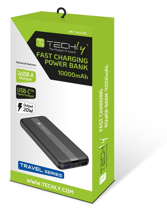 Power Bank 10000 mAh 20W USB-C 3 Output Ports with Cable - Techly I-CHARGE-1000020W