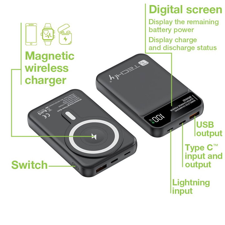 Wireless Magnetic Power Bank 3 in 1 with LED 10.000 mAh 22,5W Black - Techly I-CHARGE-10LCDBK