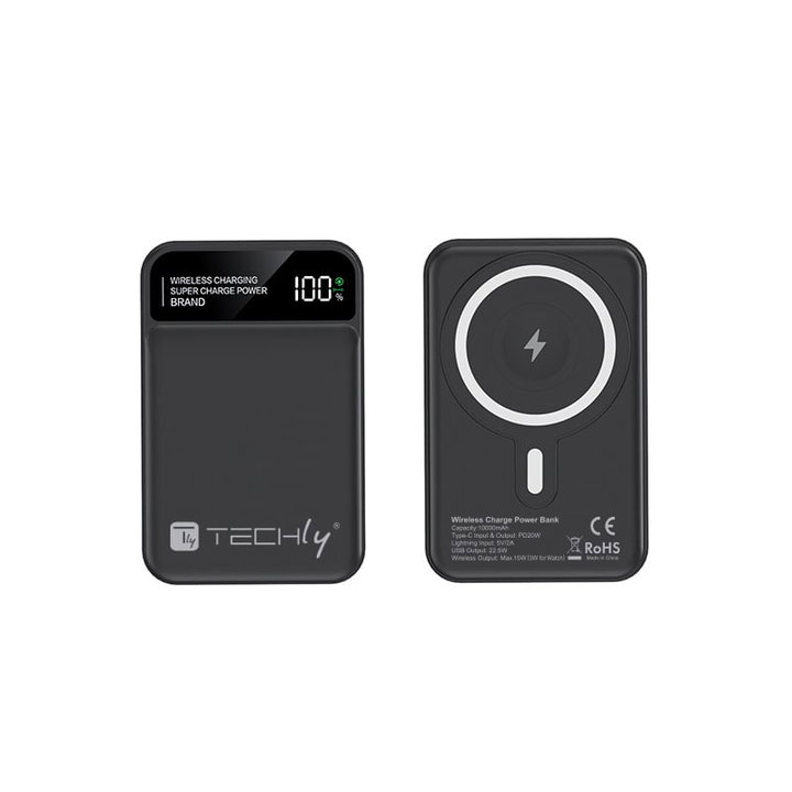 Wireless Magnetic Power Bank 3 in 1 with LED 10.000 mAh 22,5W Black - Techly I-CHARGE-10LCDBK