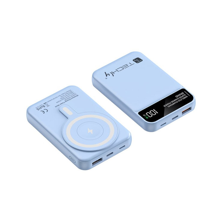 Wireless Magnetic Power Bank 3 in 1 with LED 10.000 mAh 22,5W Light Blue - Techly I-CHARGE-10LCDBL