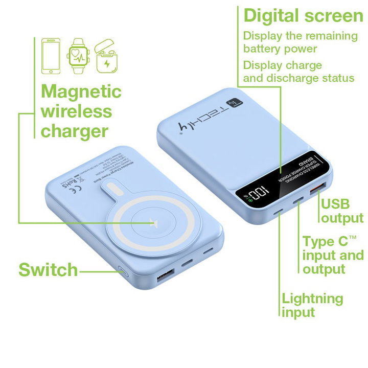 Wireless Magnetic Power Bank 3 in 1 with LED 10.000 mAh 22,5W Light Blue - Techly I-CHARGE-10LCDBL