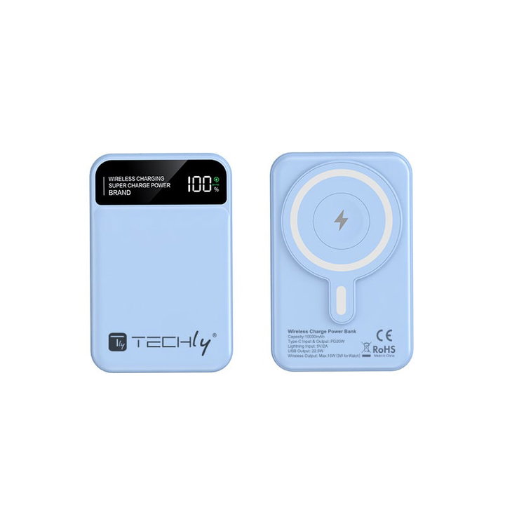 Wireless Magnetic Power Bank 3 in 1 with LED 10.000 mAh 22,5W Light Blue - Techly I-CHARGE-10LCDBL