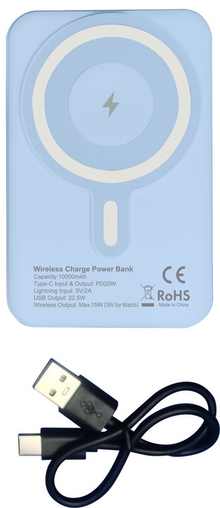 Wireless Magnetic Power Bank 3 in 1 with LED 10.000 mAh 22,5W Light Blue - Techly I-CHARGE-10LCDBL