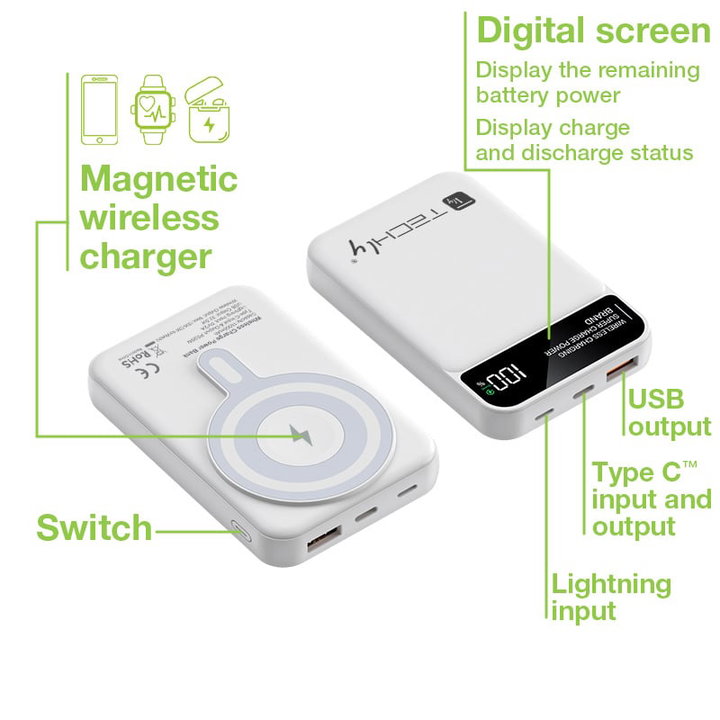 Wireless Magnetic Power Bank 3 in 1 with LED 10.000 mAh 22,5W White - Techly I-CHARGE-10LCDWH