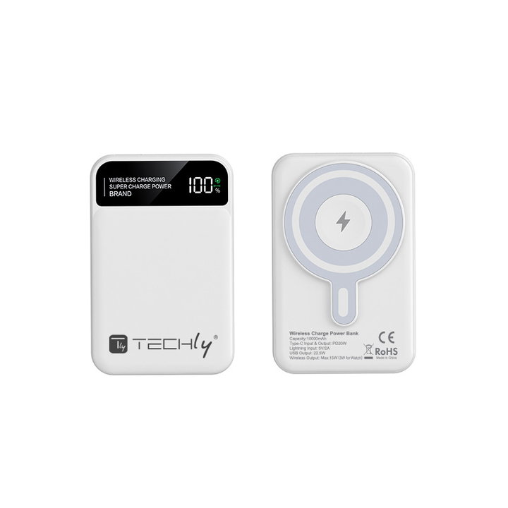 Wireless Magnetic Power Bank 3 in 1 with LED 10.000 mAh 22,5W White - Techly I-CHARGE-10LCDWH