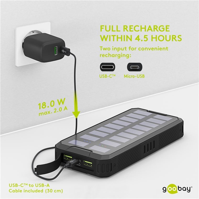 Caricabatterie a Ricarica Solare Rapida 20.000 mAh USB-C™ PD QC3.0 - Goobay I-CHARGE-SOL20000