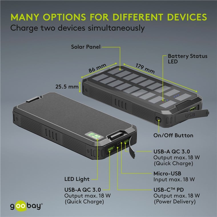 Caricabatterie a Ricarica Solare Rapida 20.000 mAh USB-C™ PD QC3.0 - Goobay I-CHARGE-SOL20000