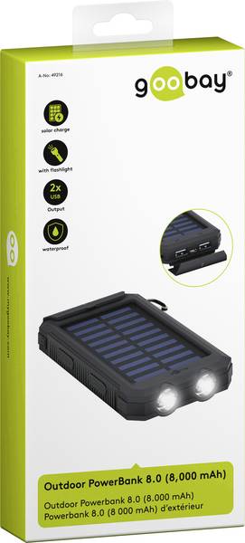 Powerbank Outdoor Solar Energy 8000 mAh with Flashlight IP45 2xUSB Black - Goobay I-CHARGE-SOL8000B