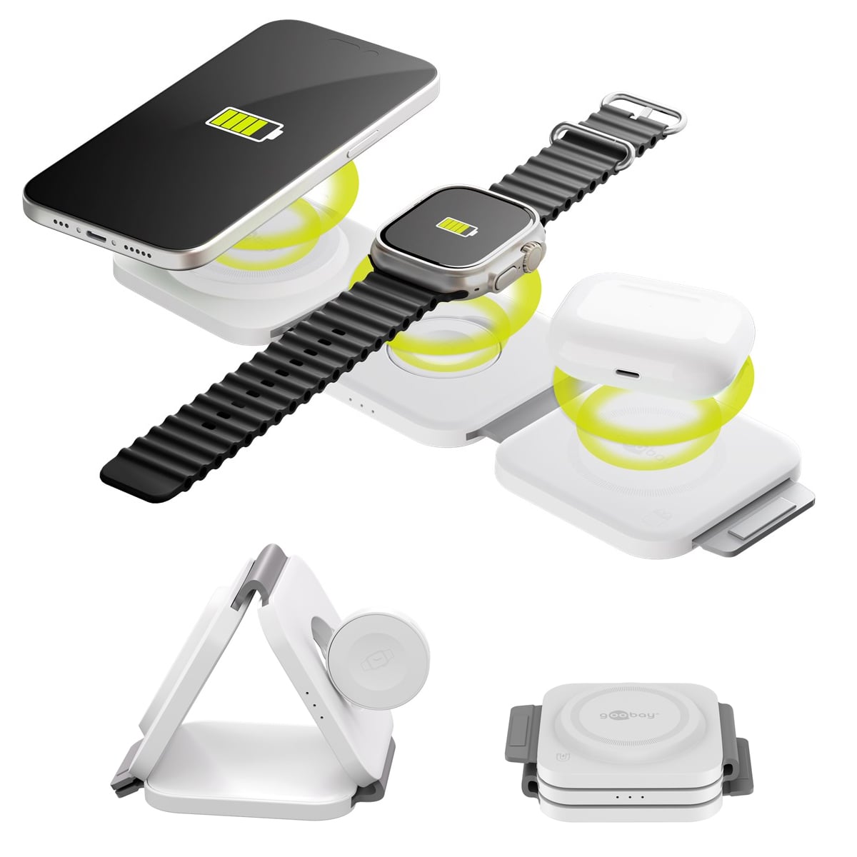 Caricatore Qi Wireless Caricabatterie 3in1 Stazione di Ricarica Pieghevole 15W - Goobay I-CHARGE-WR315W