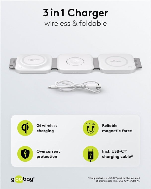 Caricatore Qi Wireless Caricabatterie 3in1 Stazione di Ricarica Pieghevole 15W - Goobay I-CHARGE-WR315W