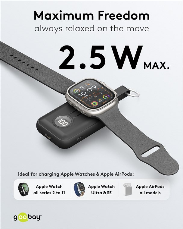 Power Bank Wireless Magnetic for Apple Watch with LED 2500 mAh 2,5 W Black - Goobay I-CHARGE-WR 5 W
