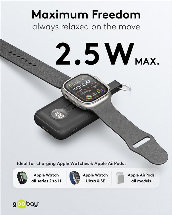 Wireless Magnetic Power Bank for Apple Watch 2500 mAh 2,5W Black - Goobay I-CHARGE-WR5W
