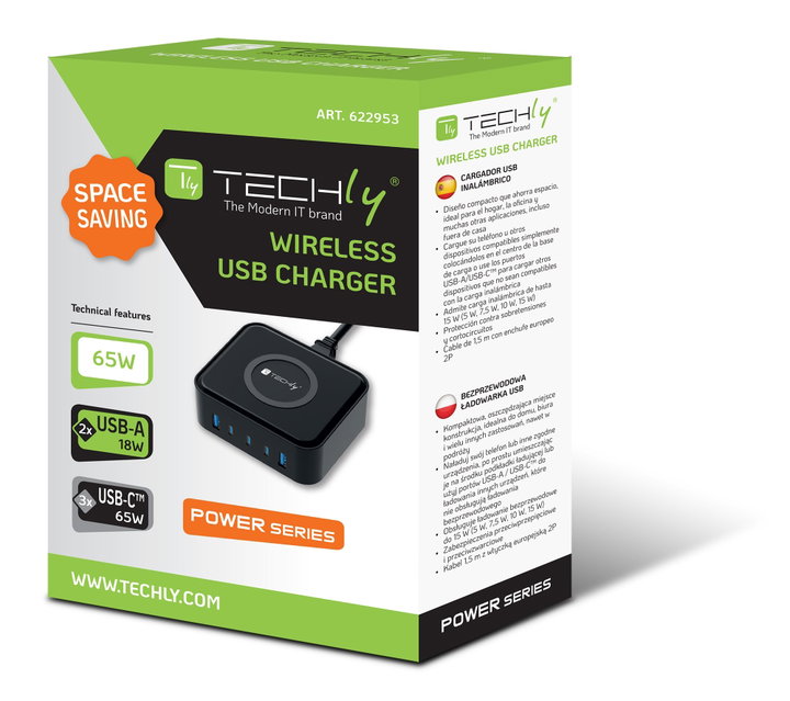 Stazione di Ricarica Wireless 65W 3xUSB-C 2xUSB-A - Techly I-CHARGE-WR65AC