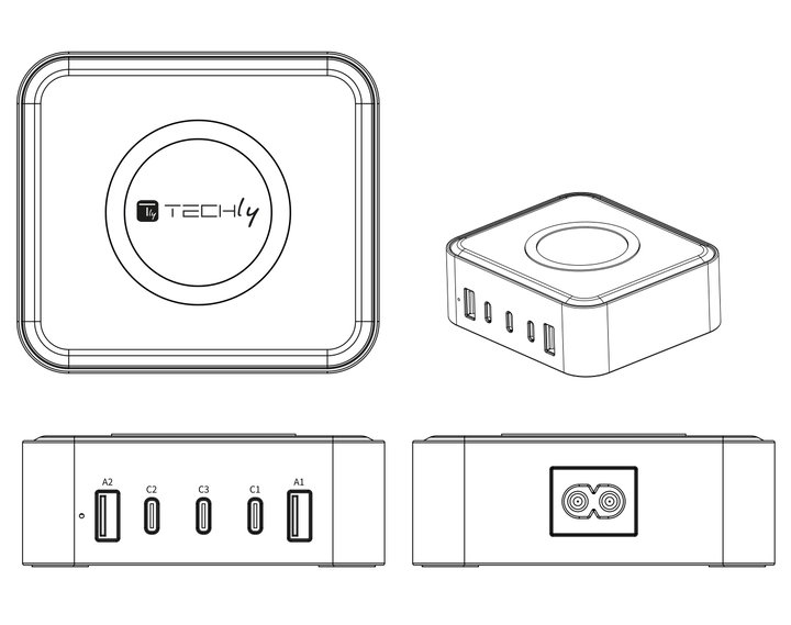 Stazione di Ricarica Wireless 65W 3xUSB-C 2xUSB-A - Techly I-CHARGE-WR65AC