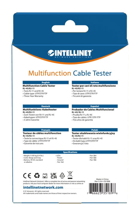 Network Cable Tester RJ45/RJ11 UTP/STP/FTP - Intellinet I-CT EN-01