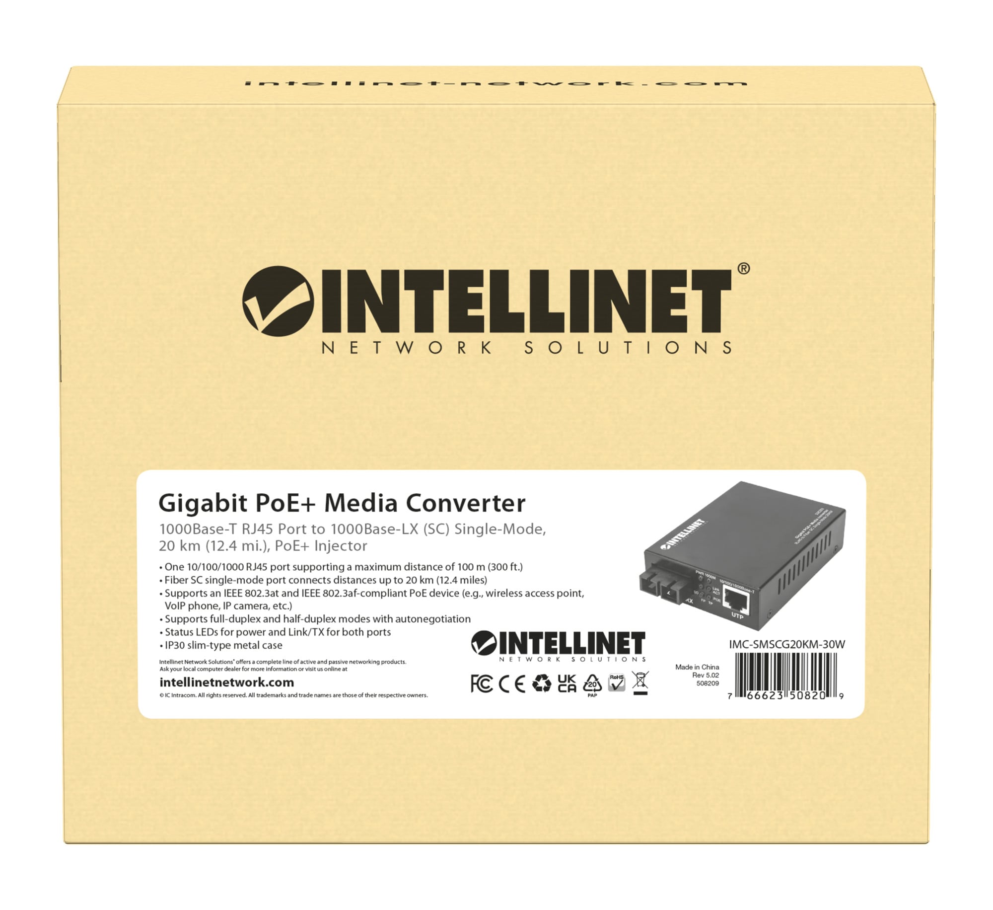 Media Converter Gigabit PoE+ - Intellinet I-ET SX-SCSM20P